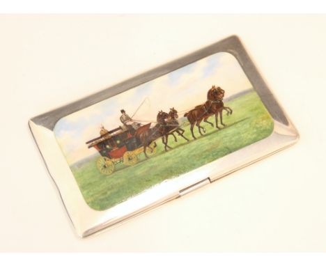 An Edwardian silver cigarette case, Percy Edwards Ltd, London 1907, the rectangular case with hand painted scene of gentlemen