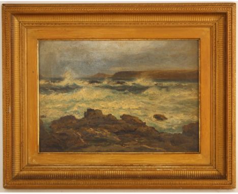 Charles Simms Mottram (British, exhibited 1876-1903),A seascape with crashing waves,Oil on canvas,Signed lower right,24cm x 3