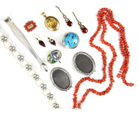 A selection of costume jewellery, including a 19th century style coral and hairwork brooch, with hinge pin to reverse, a gold