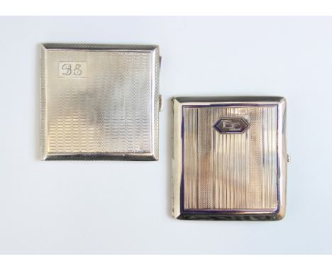 A George V silver cigarette case, Joseph Gloster, Birmingham 1927, of square shape with engine turned detail, engraved to int