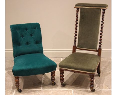 A Victorian simulated rosewood button back low seat chair, in turquoise velour fabric, upon turned baluster front legs, plain