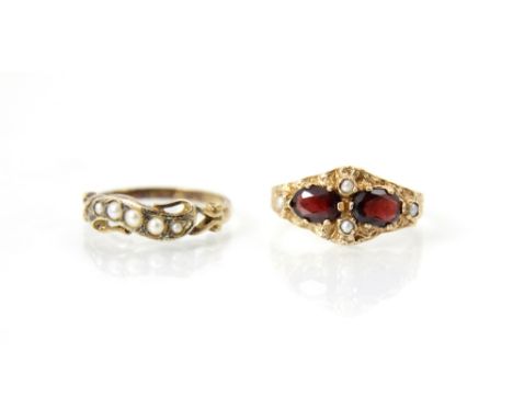 A selection of three rings, to include a Victorian style 9ct yellow gold garnet and seed pearl set ring, the two oval cut gar