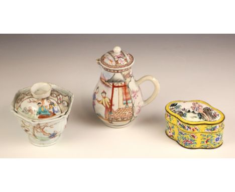 A Chinese export porcelain sparrow beak jug and cover, 18th century, decorated in puce colourways depicting figures by a rive