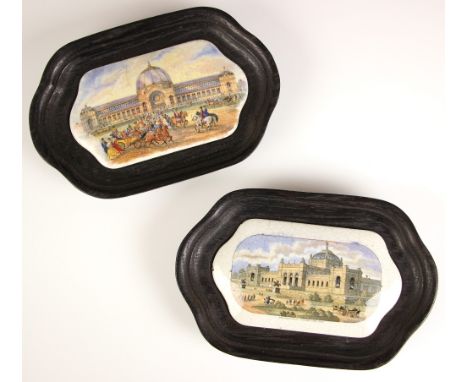 A Prattware lid, 19th century, depicting Alexandra Palace, set to an ebonised wooden frame, 19cm wide, and a 'Philadelphia Ex