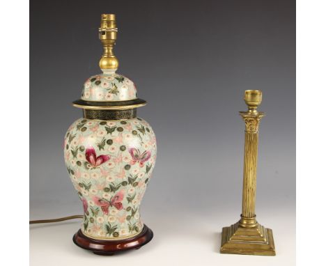 A Japanese Kutani porcelain lamp base, modelled as a temple jar, upon an integral hardwood stand, 34cm high, along with a bra