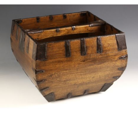 A vintage iron-bound French fruitwood food trug, early 20th century, of swelling cubic form with fixed bracing handle, 26cm H