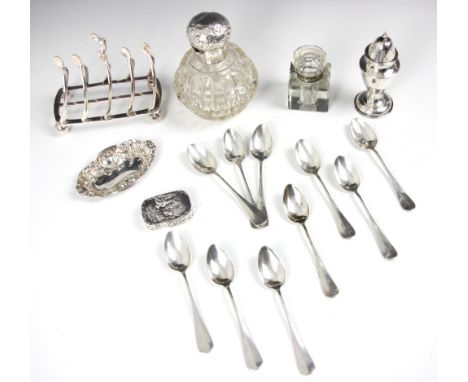 A selection of silver and silver coloured items, including a set of ten silver coloured teaspoons, with monogram to reverse o