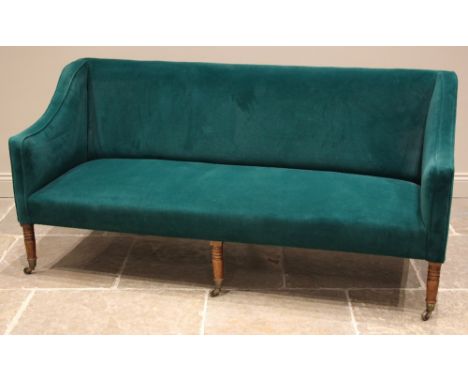 A late Victorian walnut and upholstered sofa in the manner of Howard &amp; Sons, later re-covered in teal velour fabric, the 