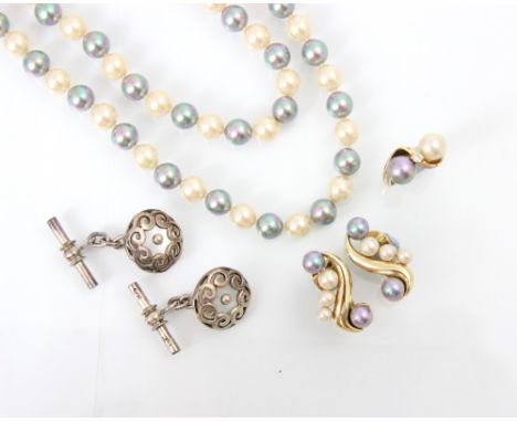 A selection of jewellery including a pair of white metal and pearl coloured cufflinks, the circular cufflinks with overlay sw