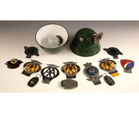 A collection of vintage car badges, comprising: a chrome AA badge, early 20th century, serial number 6456N; with three two pi