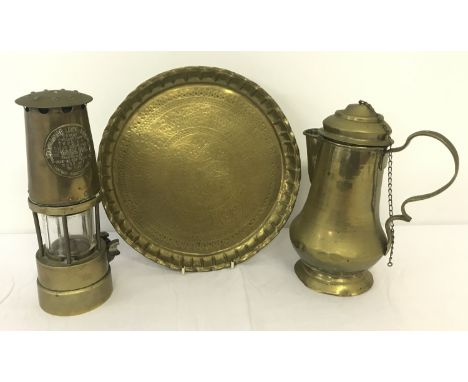 3 items of vintage brassware to include a Persian style hammered design tray. And a Protector Lamp &amp; Lighting Co miners l