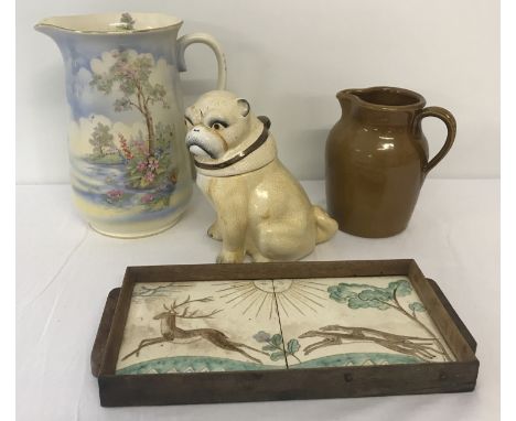 4 items of vintage ceramics to include lidded barrel in the shape of a dog. Together with a wooden framed tray with 2 hand pa