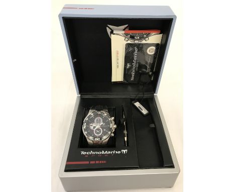 A boxed men's Technomarine Jubilee edition Sport chronograph wristwatch with black silicone strap. Complete with warranty car