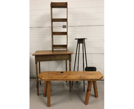 4 items of wooden furniture. Comprising: a table with bamboo legs, a dark wood plant stand, a vintage small 4 shelf open back