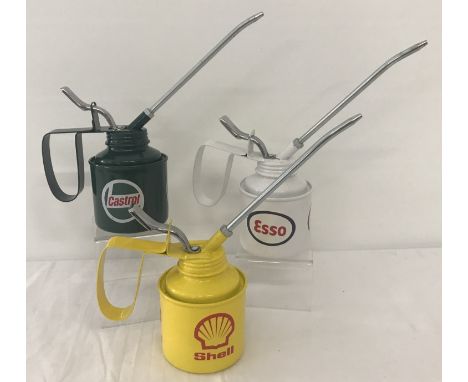 3 ½ pint oil applicator cans; Castrol, Esso and Shell.  Apprx. 22cm tall x 7.5cm diameter.