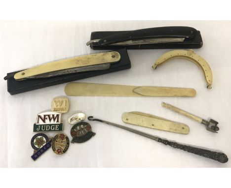 A small collection of assorted misc vintage items. To include: Solingen and  Brookes &amp; Crookes cased cutthroat razors and