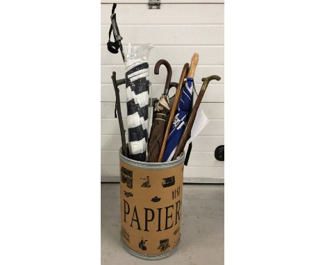 A modern "Papiers" cardboard and metal stick stand vintage wringing implement decoration. Together with a collection of moder