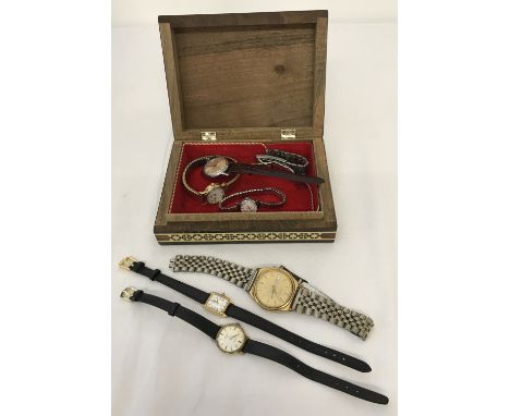 An ornate inlaid wooden box containing a collection of men's and women's wrist watches. To include Seiko, Rotary, Sekonda, Ci