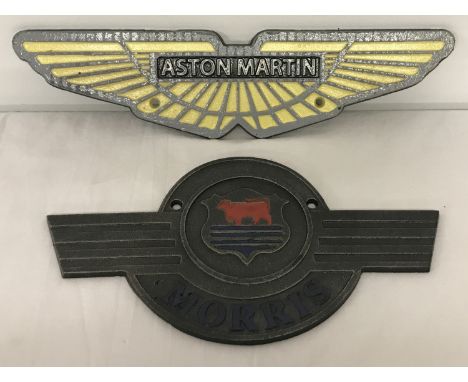 2 painted wall hanging automobile plaques; Aston Martin and Morris.  Largest approx. 33.5cm long.