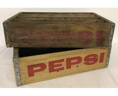 2 vintage wooden Pepsi Cola crates with metal banding; one with individual bottle sections.  