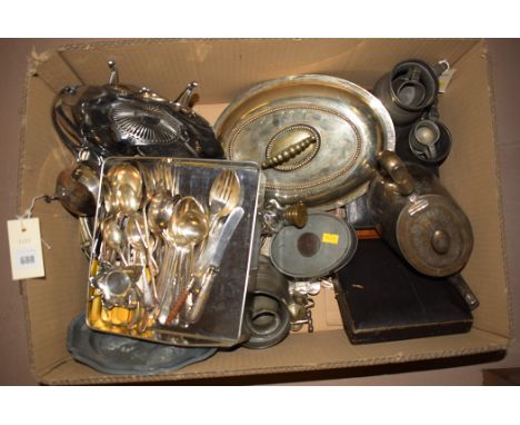 Plated metalware, to include: an entree dish; bread basket; flatware; a teapot; pewter tankards; by W.M.F. and others.
