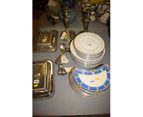 Plated ware, to include: a pair of candlesticks; two entree dishes; soup spoons by Maple & Co., London; Johnson Bros. 'Ashley