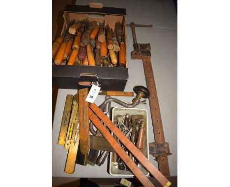 A Record sash clamp; three boxwood rules, one by J. Rabone & Sons, Birmingham; brass spirit levels by J. Buist & Hockley Abbe