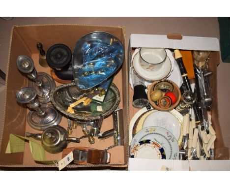 Plated metalware, to include: two Adams style candlesticks; a bread basket; teapot; a pair of Thomas Plant, Birmingham, scale