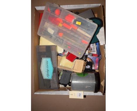 A collection of mainly coarse fishing lures, hooks, lines, lead weights; multi fishing tools; etc., in a box.