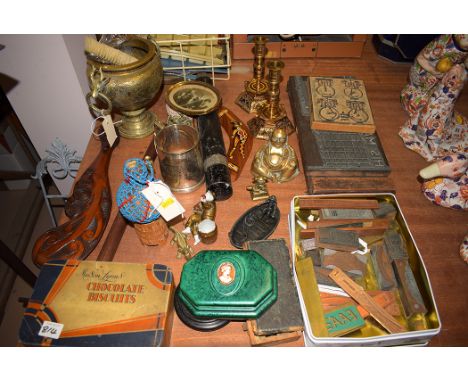 Copperplate and wooden print blocks; a brass vase with stag heads; tribal items to include: a modern carved Maori club; a boo