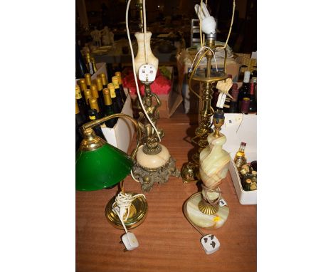 Table lamps, to include: an onyx and cast metal lamp in baroque style; a brass desk top lamp with green glass shade; a brass 