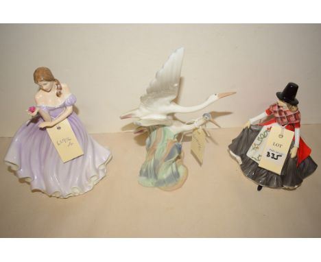 Royal Doulton figurines: 'Elaine', HN2791; 'Beautiful Blossom', HN4533; together with a Nao figure of herons; and a Celtic la