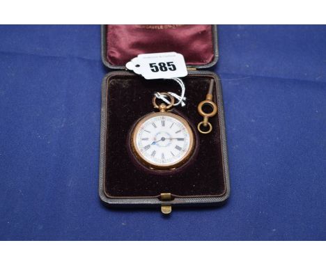 An 18ct. yellow gold cased fob watch, the decorative white enamel roman dial in a florally decorated case, original outer cas