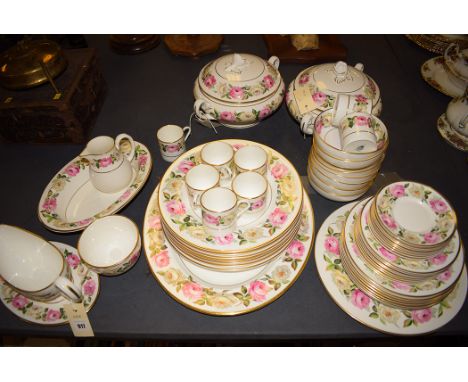 Royal Worcester 'Rose' pattern part dinner and coffee service, comprising: serving plate, dinner plates, tureens, coffee cans