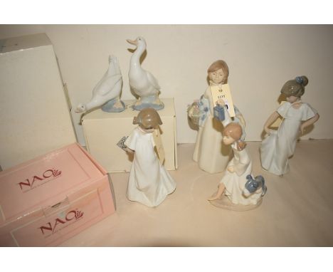 Nao figures, to include: three girls; two geese; and another figure by Nadal, some boxed.  (6)