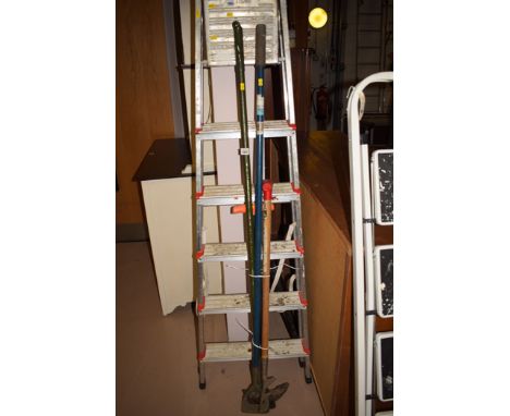 A Titan folding step ladder; together with garden tools, to include a hoe.  (5)