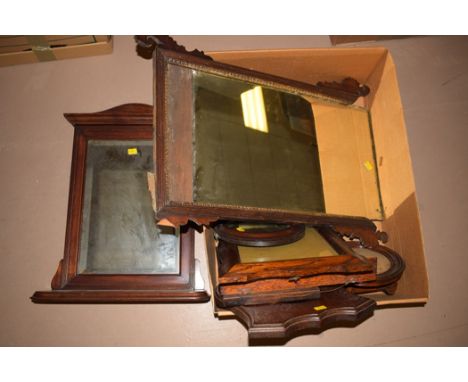 A George III mahogany fretwork mirror (distressed); a mahogany framed mirror with shelf; other wall mirrors; and picture fram