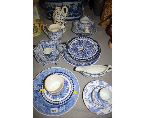 Blue and white ceramics, to include: William Adams two-handled hexagonal dish, jug, square dish, and a plate; two Royal Worce