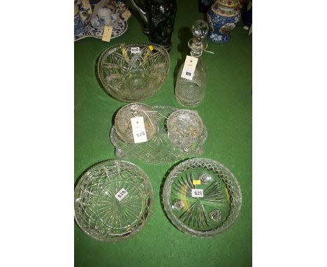 Cut glassware, to include; a decanter, by Richardson; dressing table set; two circular bowls; and a shaped bowl.  (7)