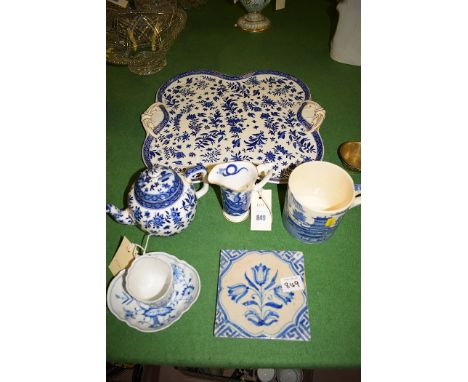 A Maling Broseley pattern mug; a Royal Worcester jug; a Charles Ford teapot; a blue and white cup and saucer; tea tray; and a