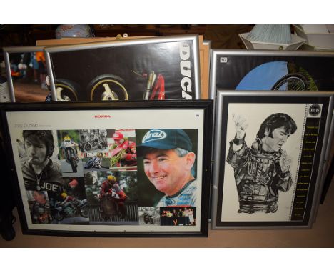 Eight framed prints/pictures relating to motorbikes, to include: Joey Dunlop; a Honda CBR1000F; a Ducatid916; in silver colou