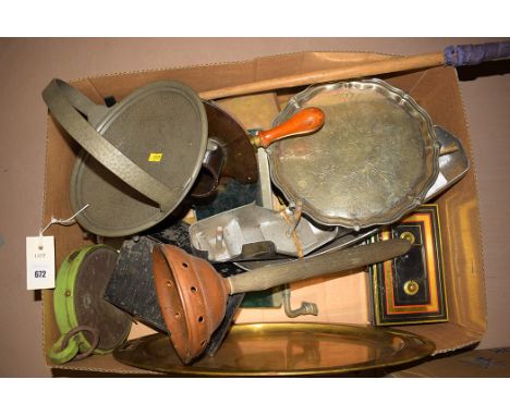 Miscellaneous metalware, to include: a tin money box; an oblong tray; a pair of scales; a quantity of weights; a plated waite