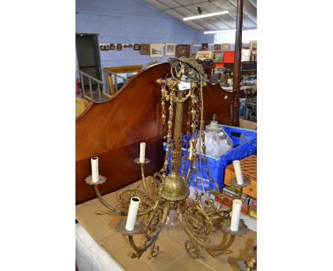 20th Century gilt brass six branch ceiling light fitting with scrolled foliate decoration, 70cm wide, 75cm high