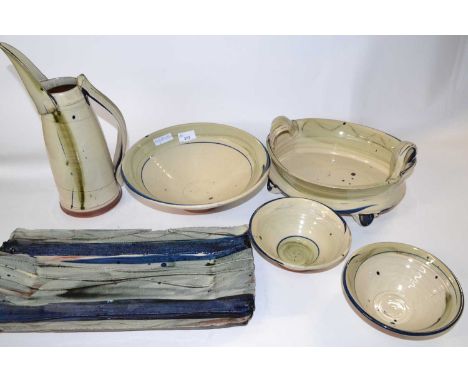 R Phethean (b.1953) a group of studio pottery wares comprising ; a large rectangular dish (af), 2 large and 2 small bowls and