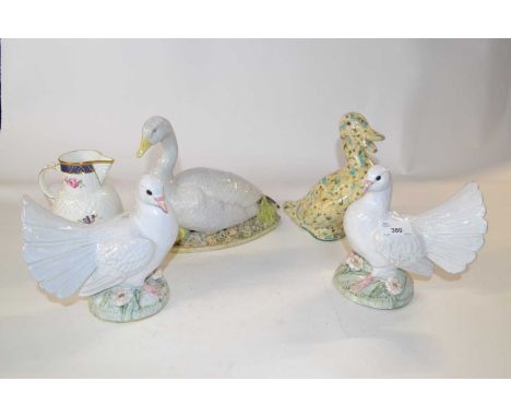 Pair of ceramic pigeons by Brenda Dennis together with a two models of ducks and a Royal Worcester style jug
