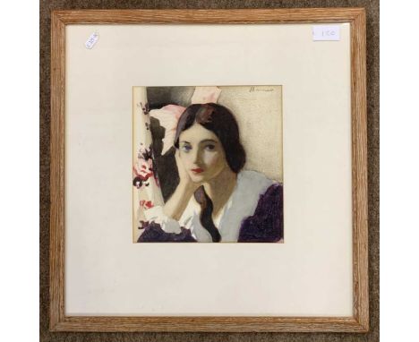 British School, 20th century, Bust portrait of a young woman in a violet dress and in an interior setting, indistinctly signe