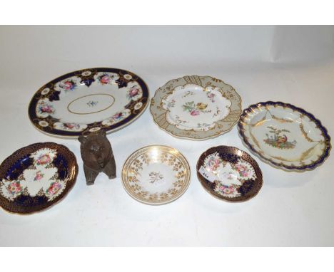 A collection of English porcelain ceramics including an 18th Century Worcester plate, decorated with a bird (a/f) and other e