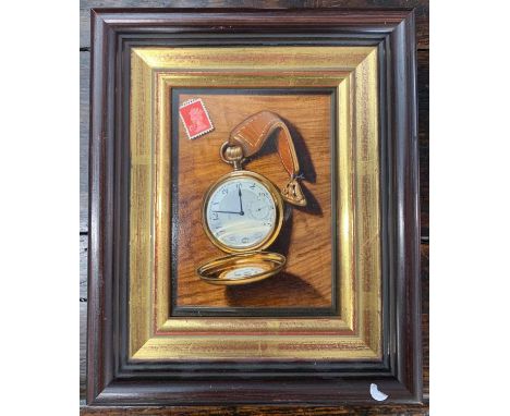 William Calladine (British, b.1941), Still life of a gold pocket watch and stamp, oil on board, signed, 9.5x13cm, framed, Wes