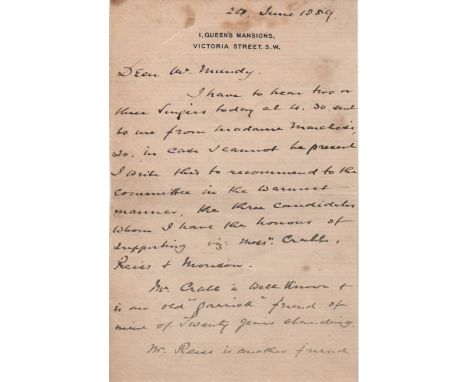 SULLIVAN ARTHUR: (1842-1900) English Composer. L.S., Arthur Sullivan, two pages, 8vo, Victoria Street, London, 24th June 1889