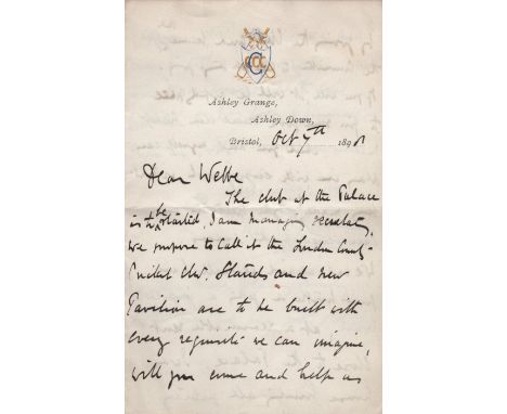 GRACE W. G.: (1848-1915) English Cricketer. A very fine, important A.L.S., W. G. Grace, three pages, 8vo, Ashley Down, Bristo